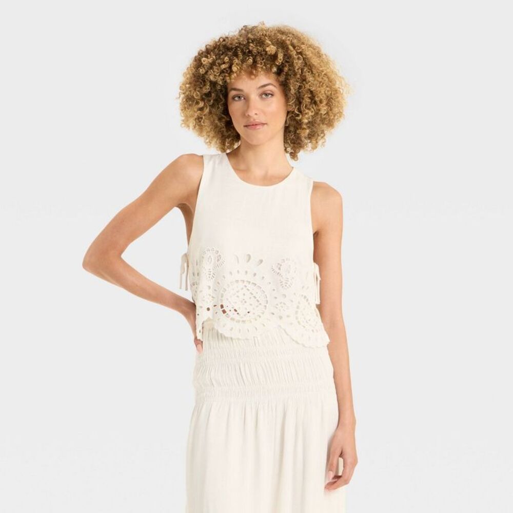 Women's Embroidered Eyelet Side-Tie Tank Top - Future Collective Off-White XL